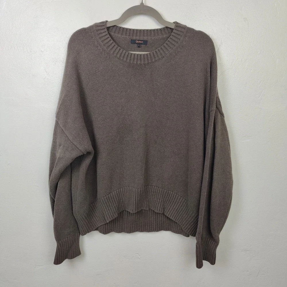 Quince Organic Cotton Boyfriend Crew Sweater Womens Large Brown Ribbed Oversized_2